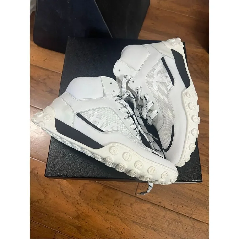 Chanel Calfskin Mesh Lycra Womens Logo High Top Sneakers size 37